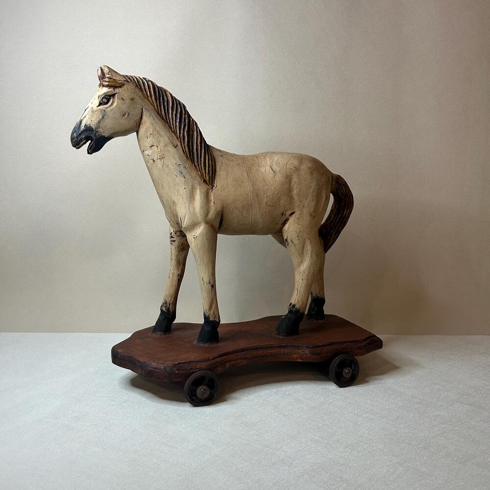 Antique Hand Carved Wooden Horse Pull Toy Late 19th Century